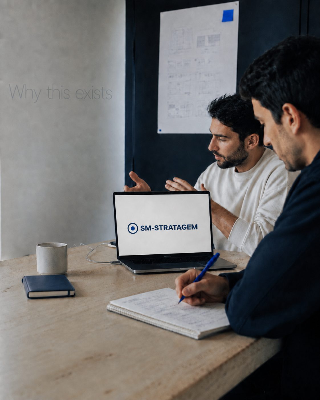 Two people in conversation at a workspace desk — one practising, one taking notes. A quiet Dubai studio moment.